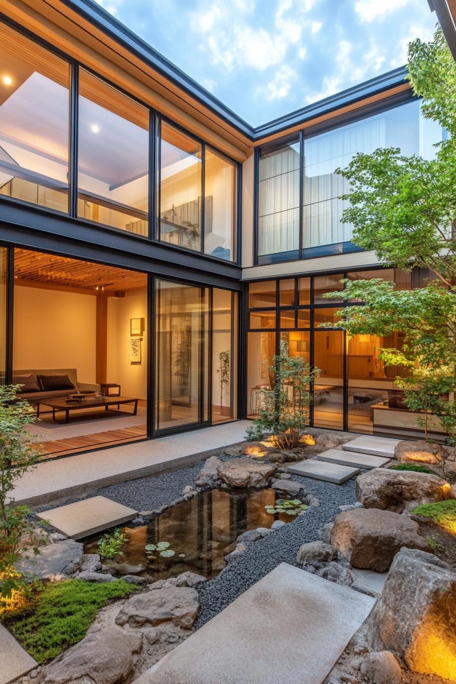 Modern Japanese courtyard with glass walls and tranquil pond