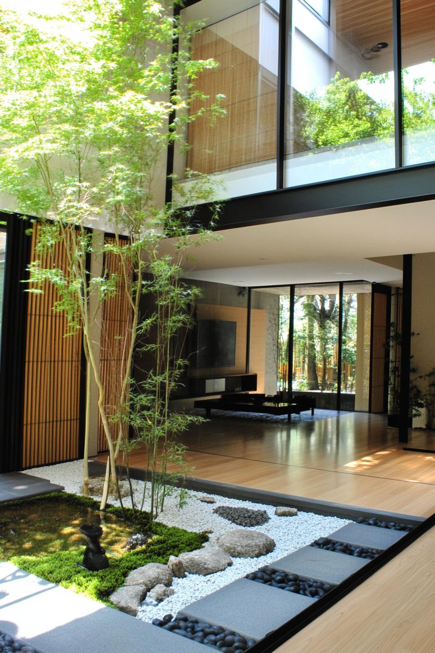 modern japanese home lofted living area connected to a courtyard with zen garden shoji sliding doors large glass windows