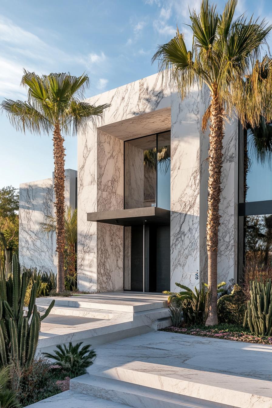 modern mexican house in marble siding large front entrance modern windows front yard landscape with tall palms and cacti 1