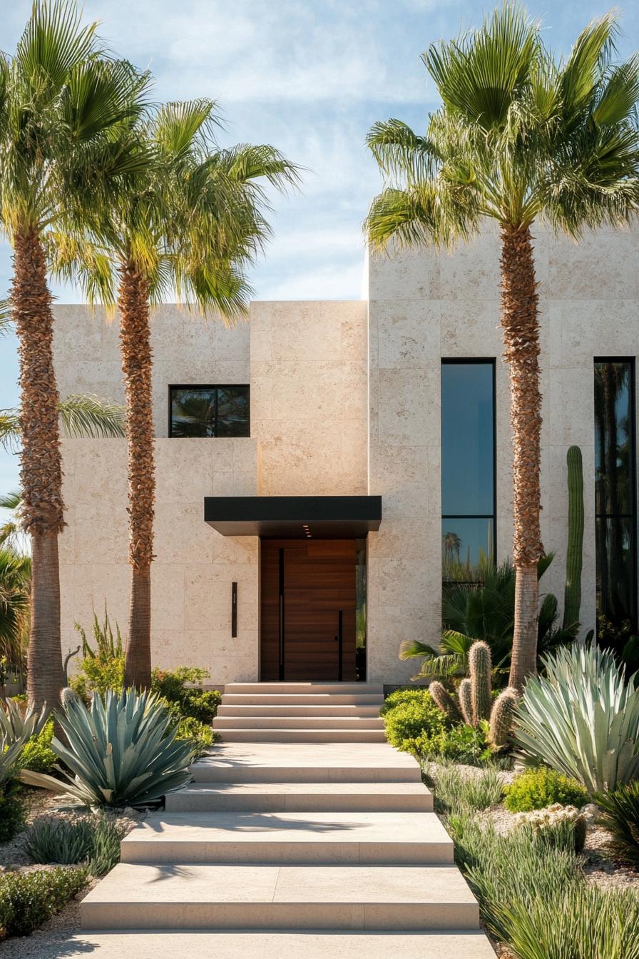 modern mexican house in marble siding large front entrance modern windows front yard landscape with tall palms and cacti 2