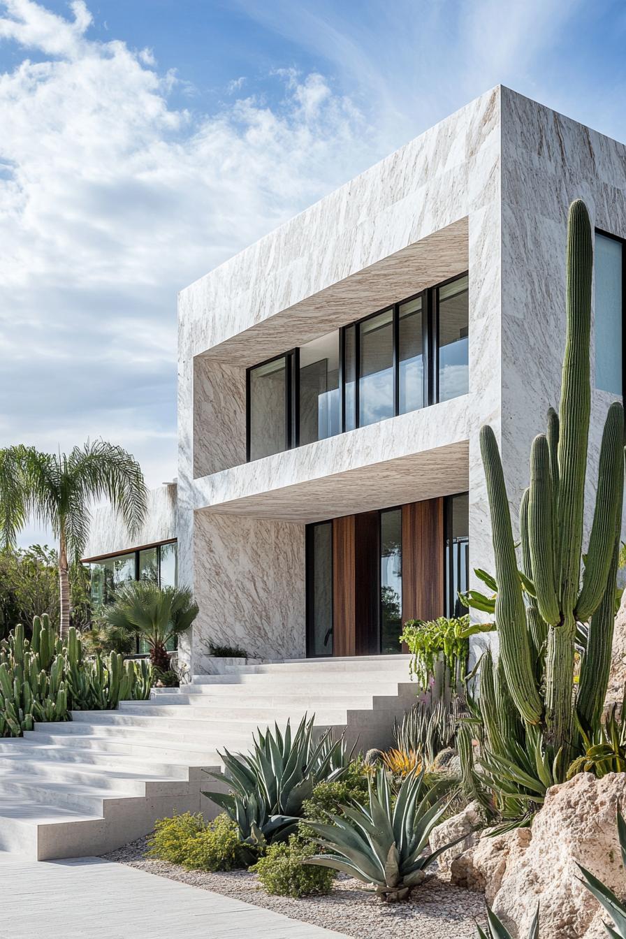 modern mexican house in marble siding large front entrance modern windows front yard landscape with tall palms and cacti 3