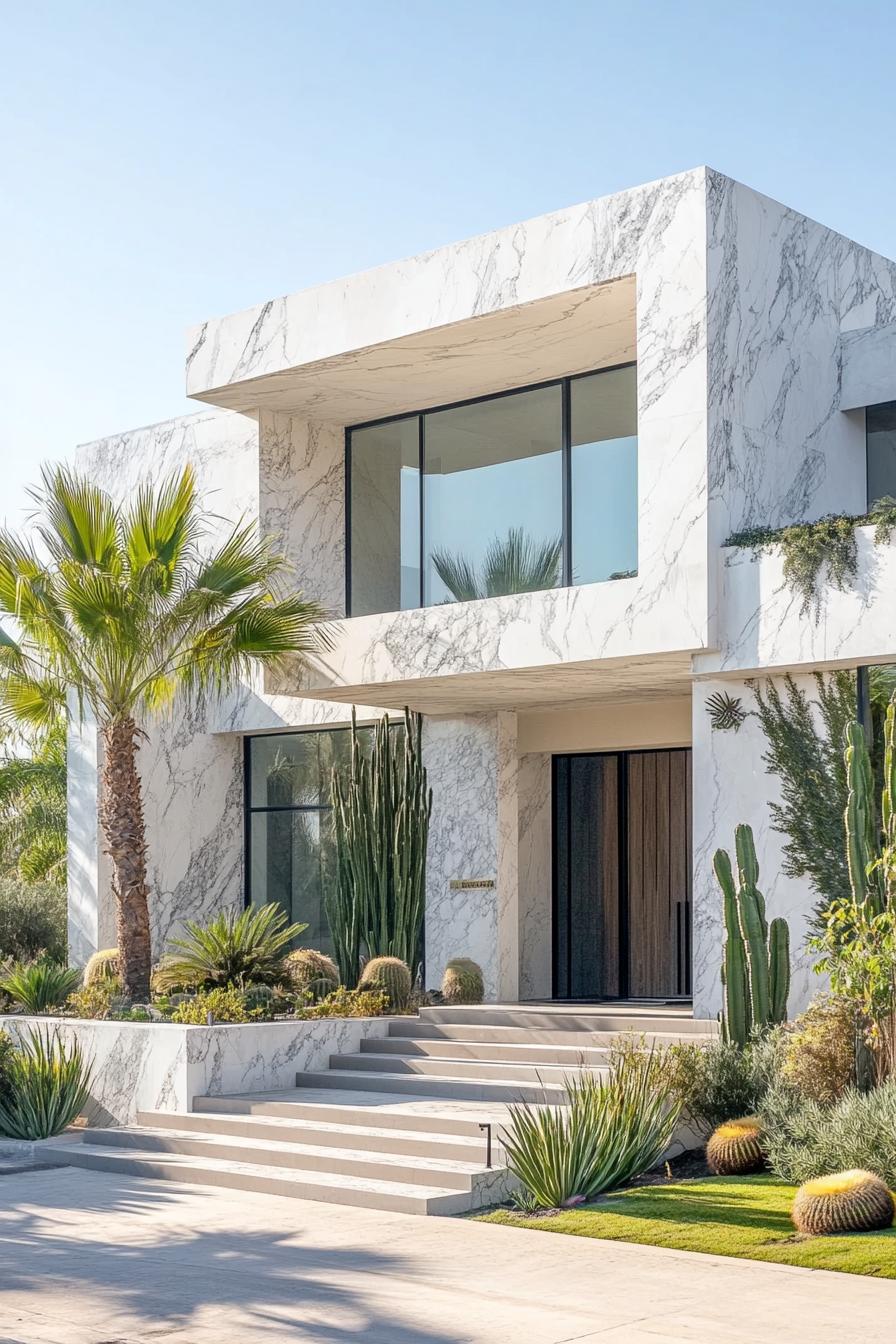 modern mexican house in marble siding large front entrance modern windows front yard landscape with tall palms and cacti