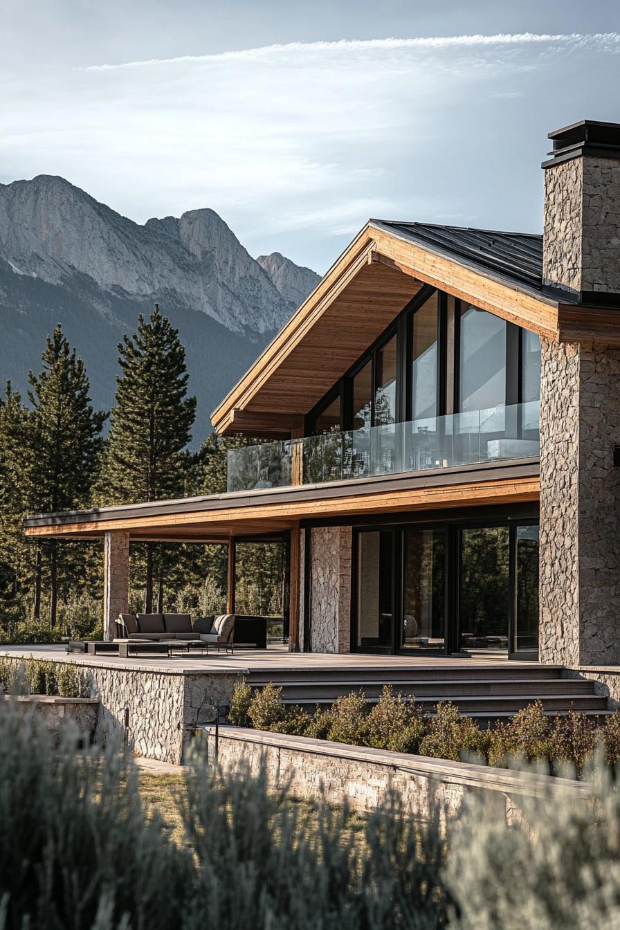 modern mountain chalet in stone and wood facade with exposed beams large roof eaves deck with steps and glass railings landscape with shrubs 1