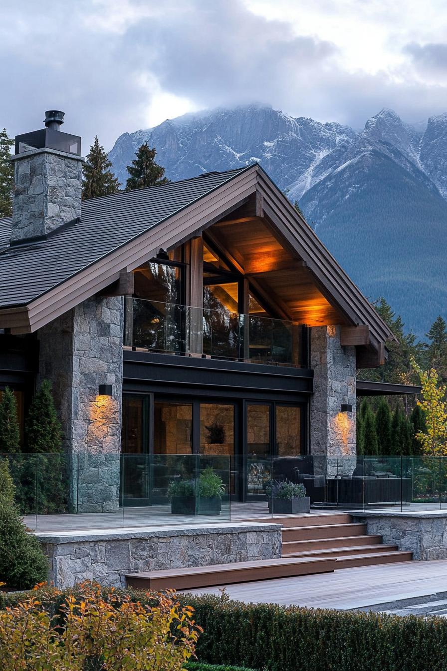 modern mountain chalet in stone and wood facade with exposed beams large roof eaves deck with steps and glass railings landscape with shrubs 2