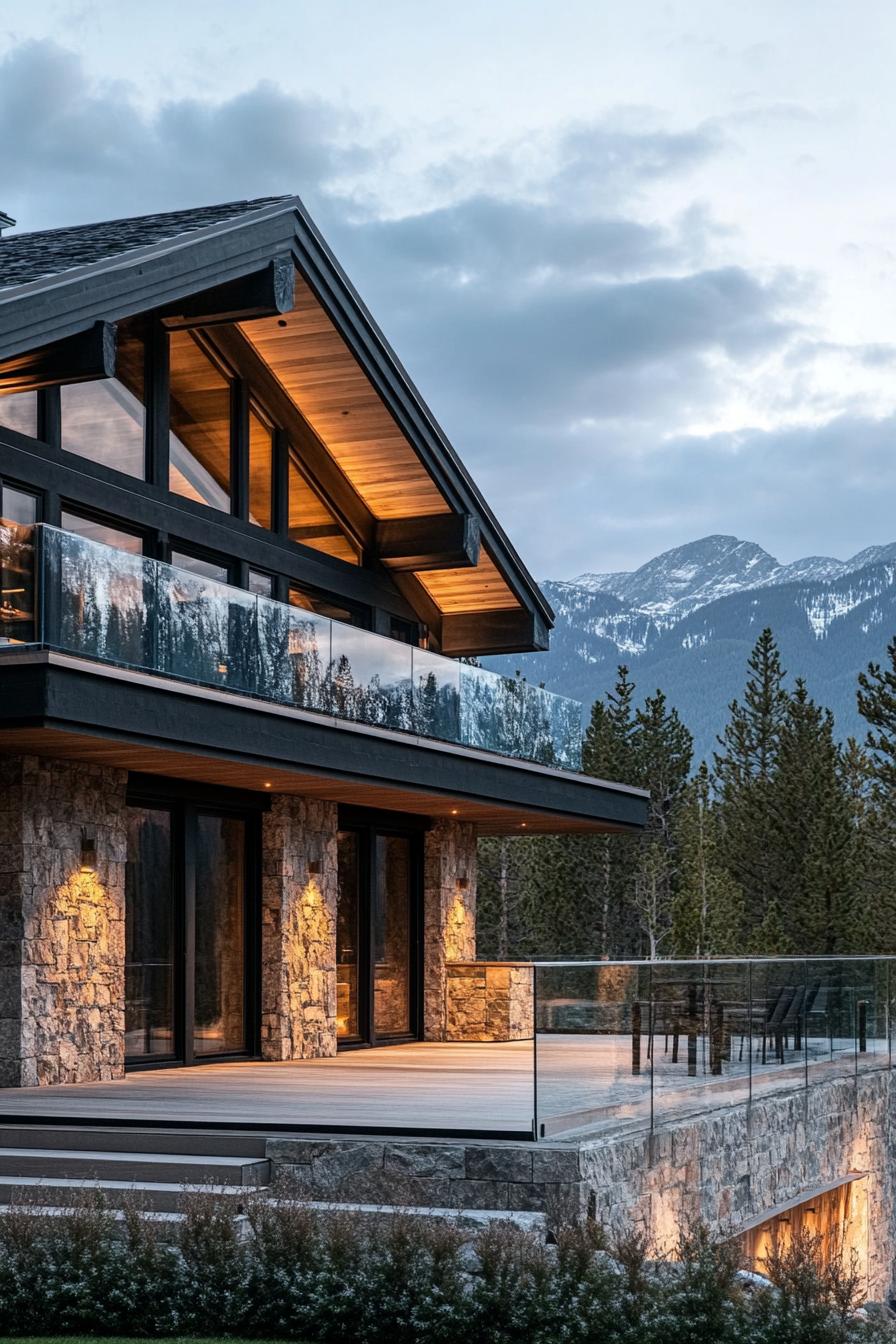 modern mountain chalet in stone and wood facade with exposed beams large roof eaves deck with steps and glass railings landscape with shrubs