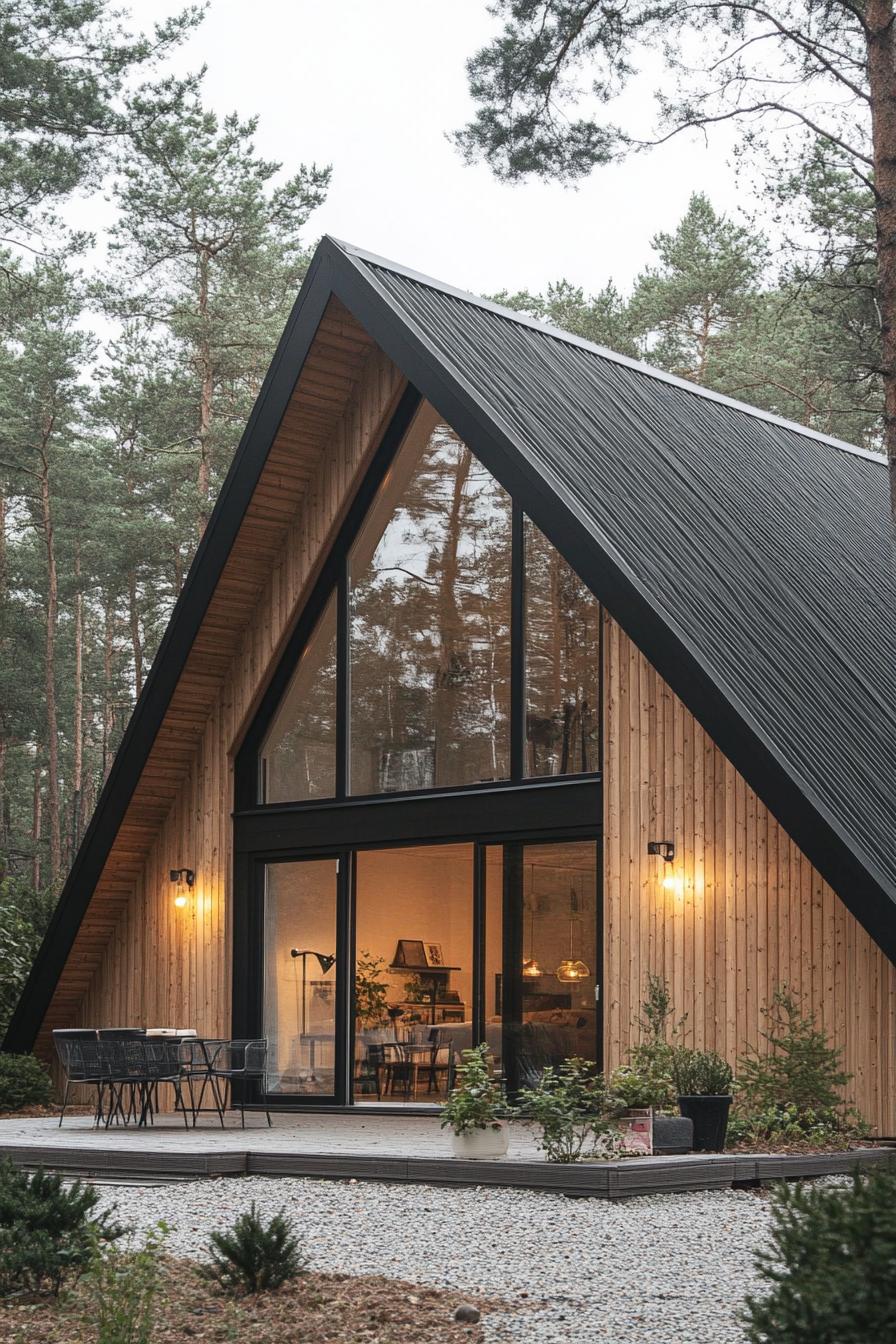 modern nordic house with veritcal wooden siding black a frame roof large windows small patio shrubs gravel lining in a forest 1