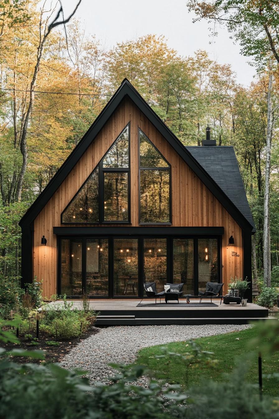 modern nordic house with veritcal wooden siding black a frame roof large windows small patio shrubs gravel lining in a forest 2