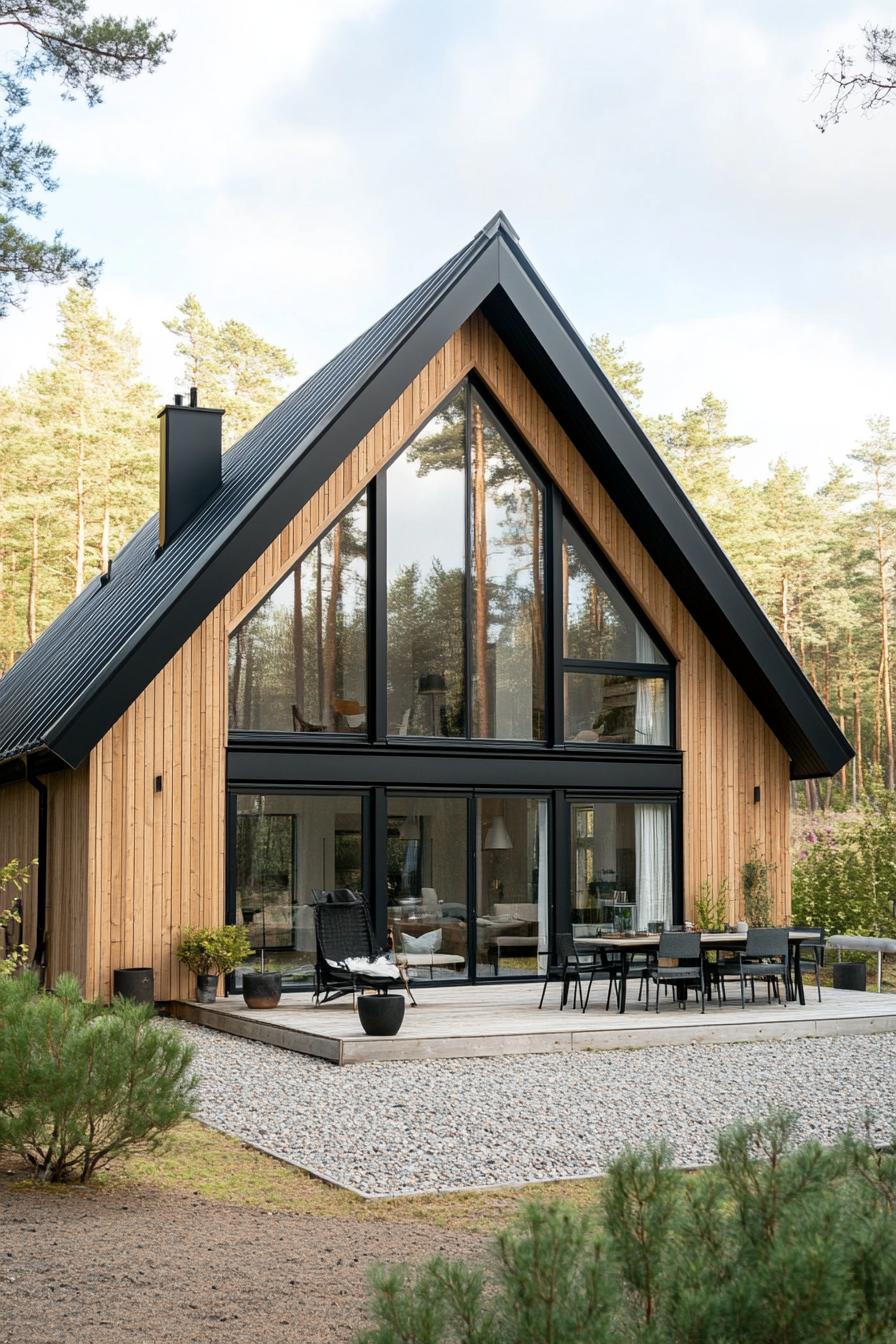 modern nordic house with veritcal wooden siding black a frame roof large windows small patio shrubs gravel lining in a forest