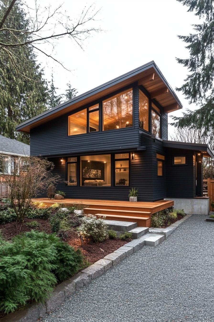 modern prefab small house facade with charcoal black shiplap siding cedar accents saltbox roof gravel patio steps to the frontdoor with gambrel 1