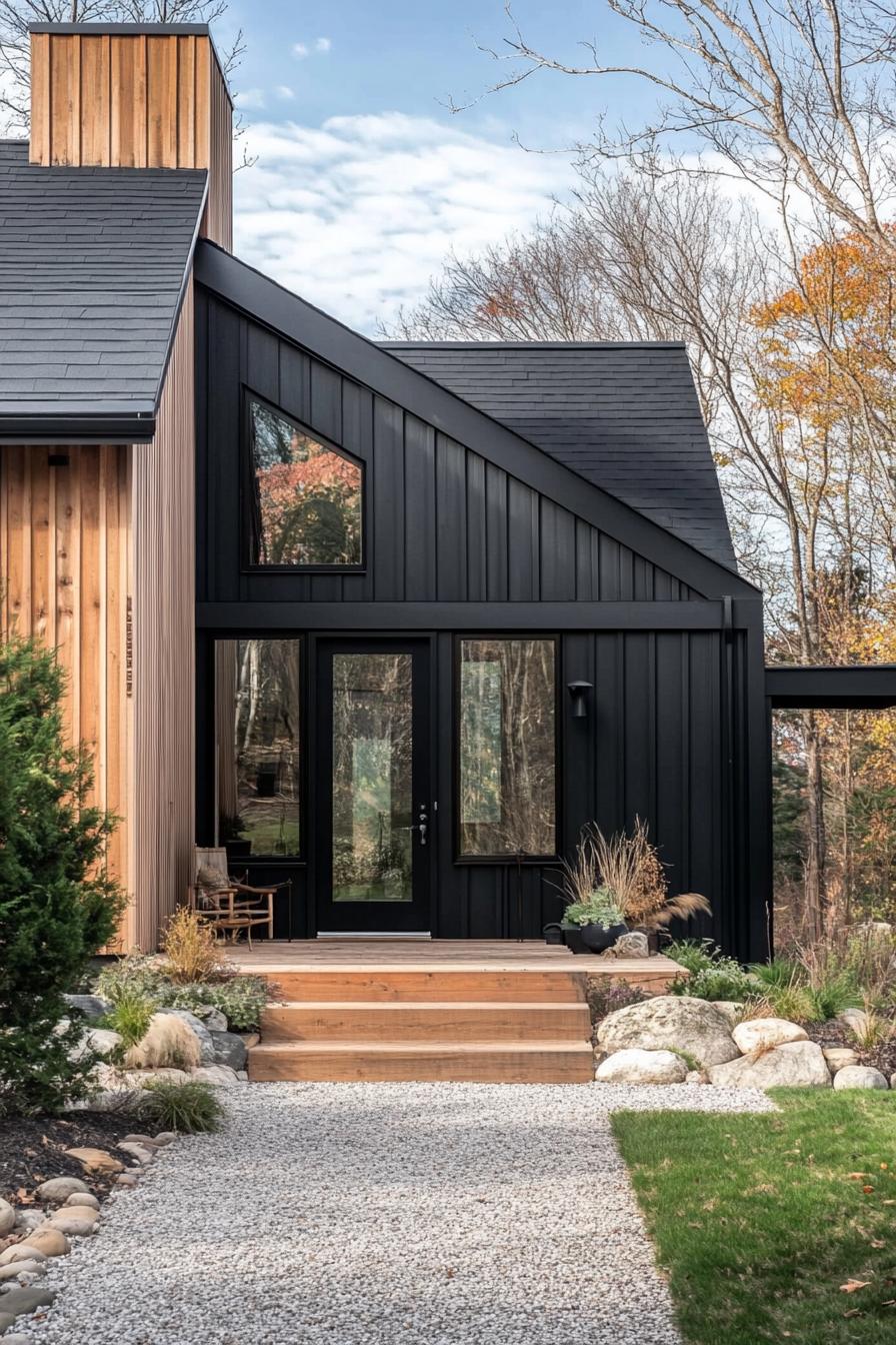 modern prefab small house facade with charcoal black shiplap siding cedar accents saltbox roof gravel patio steps to the frontdoor with gambrel 2