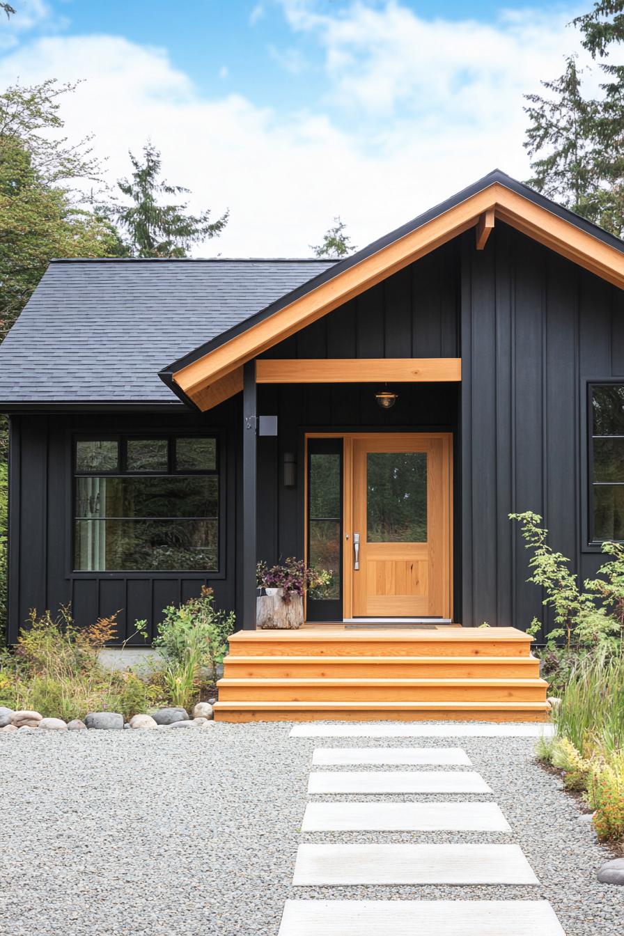 modern prefab small house facade with charcoal black shiplap siding cedar accents saltbox roof gravel patio steps to the frontdoor with gambrel 3