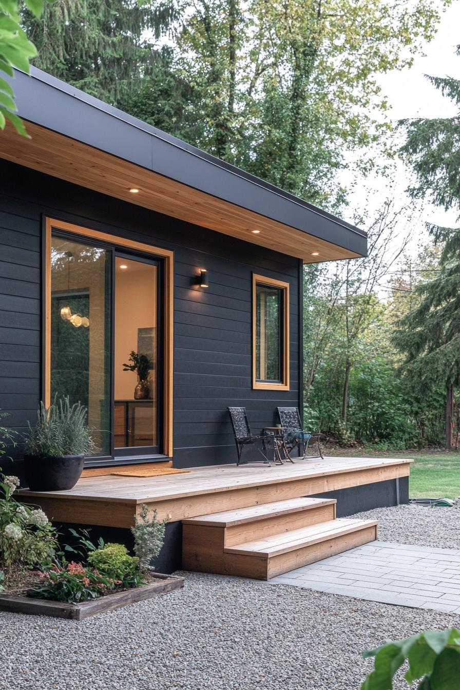 modern prefab small house facade with charcoal black shiplap siding cedar accents saltbox roof gravel patio steps to the frontdoor with gambrel