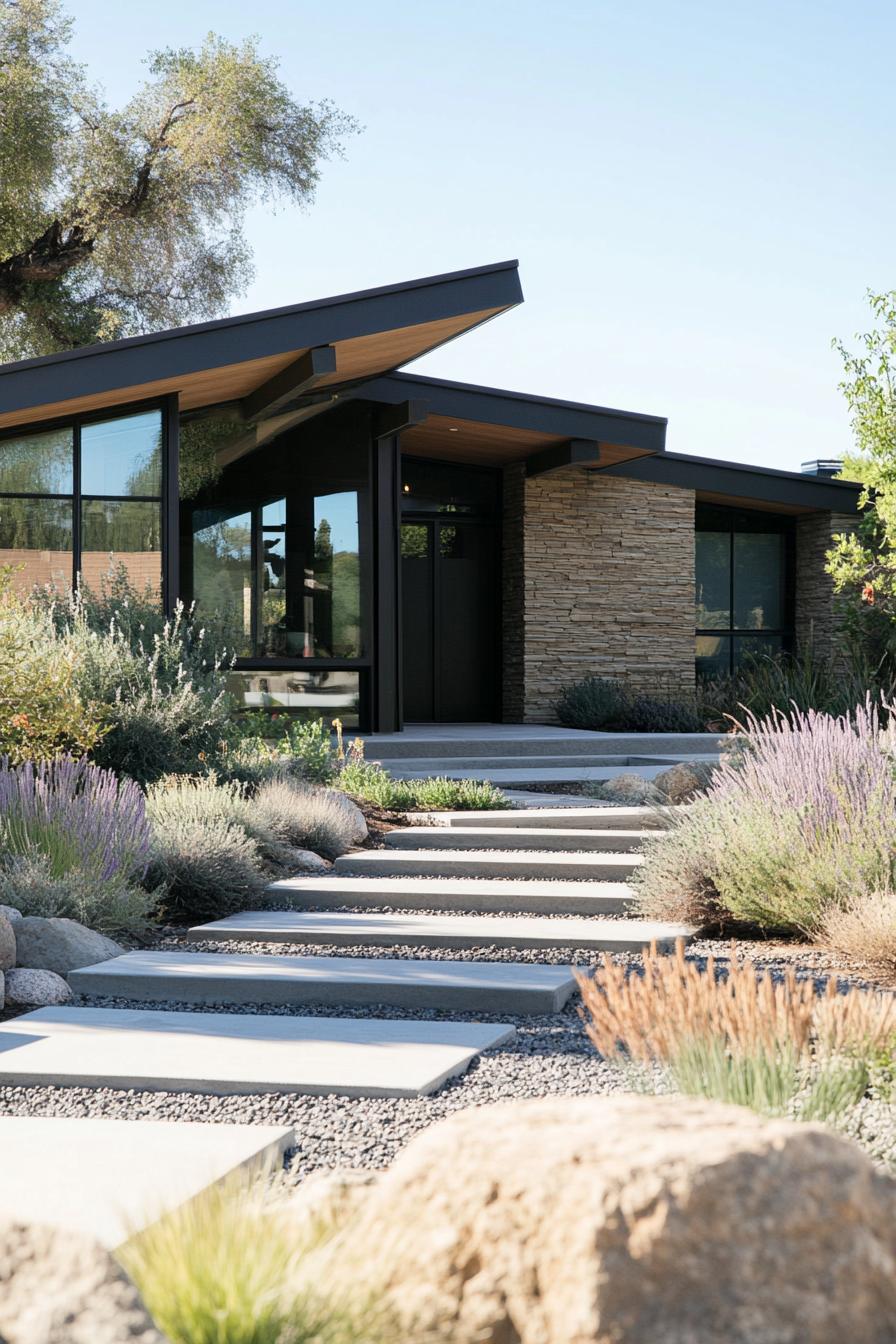 modern ranch house facade in draft tolerant landscaping