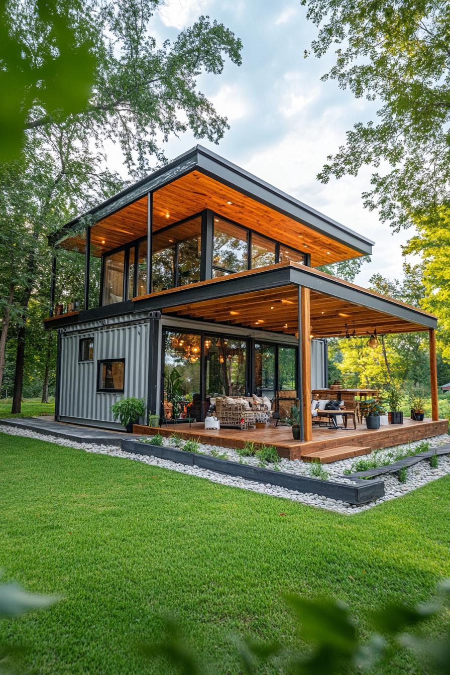 modern shipping container home with mono pitch roof and porch with wooden beams