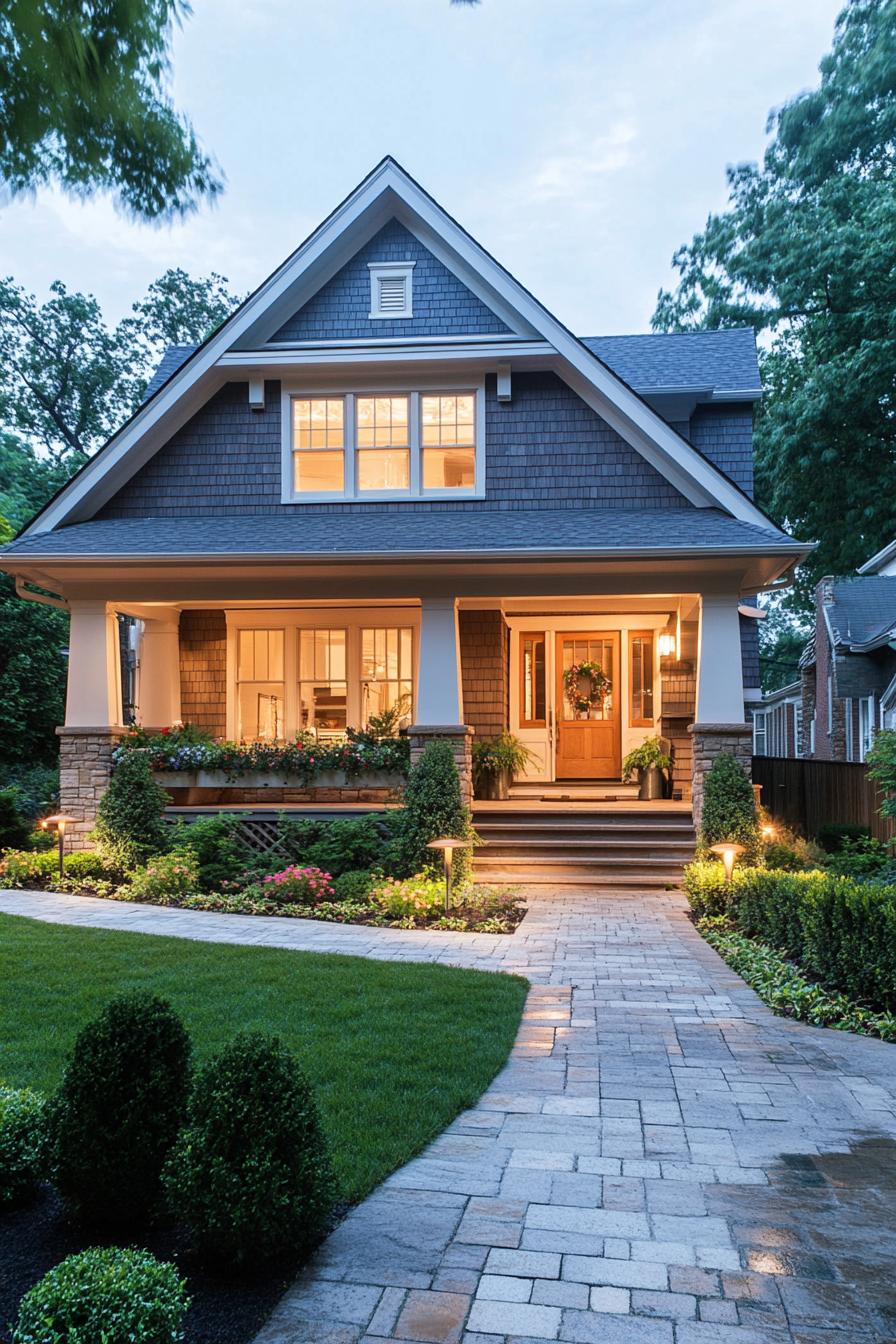 modern single story craftsman style house clapboard siding white trim porch with columns entry with steps nice landscape with stone paths and 1