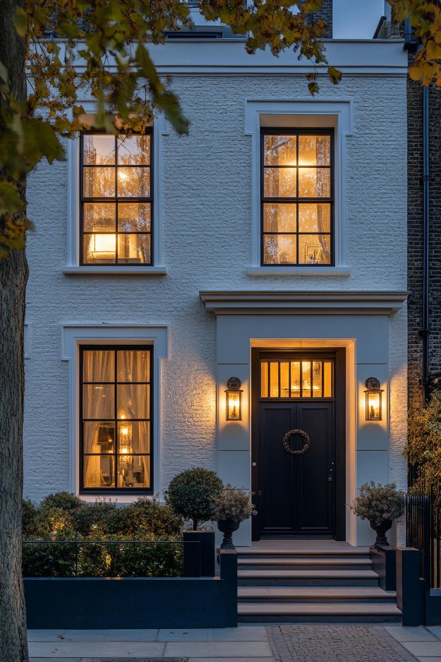 modern terrace house front facade with vintage lantern lighting in London 1