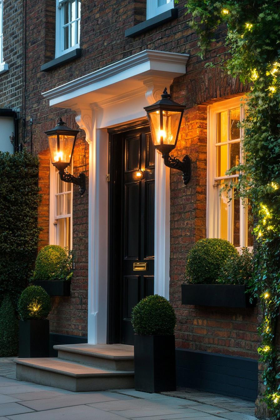 modern terrace house front facade with vintage lantern lighting in London 2