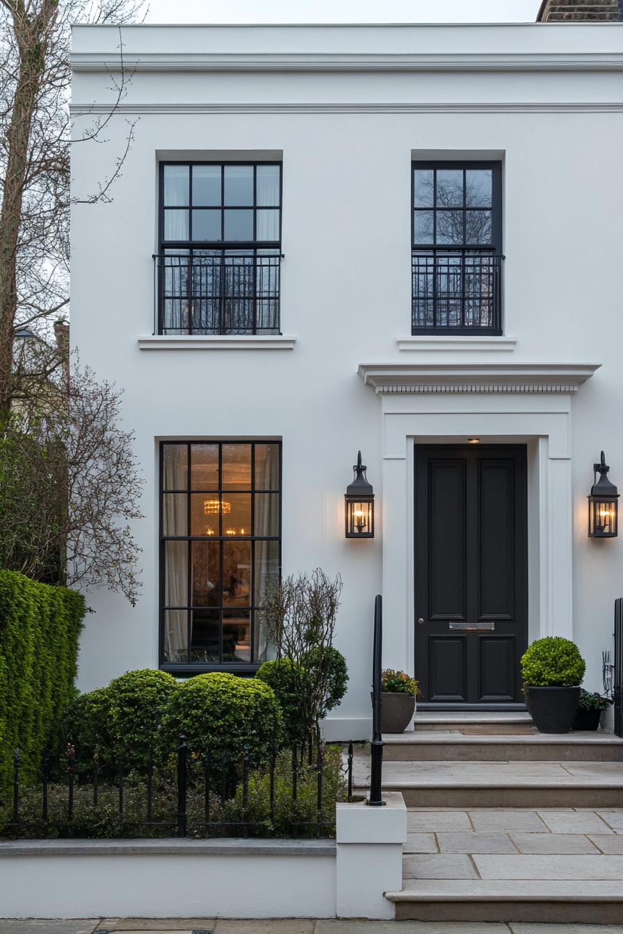 modern terrace house front facade with vintage lantern lighting in London