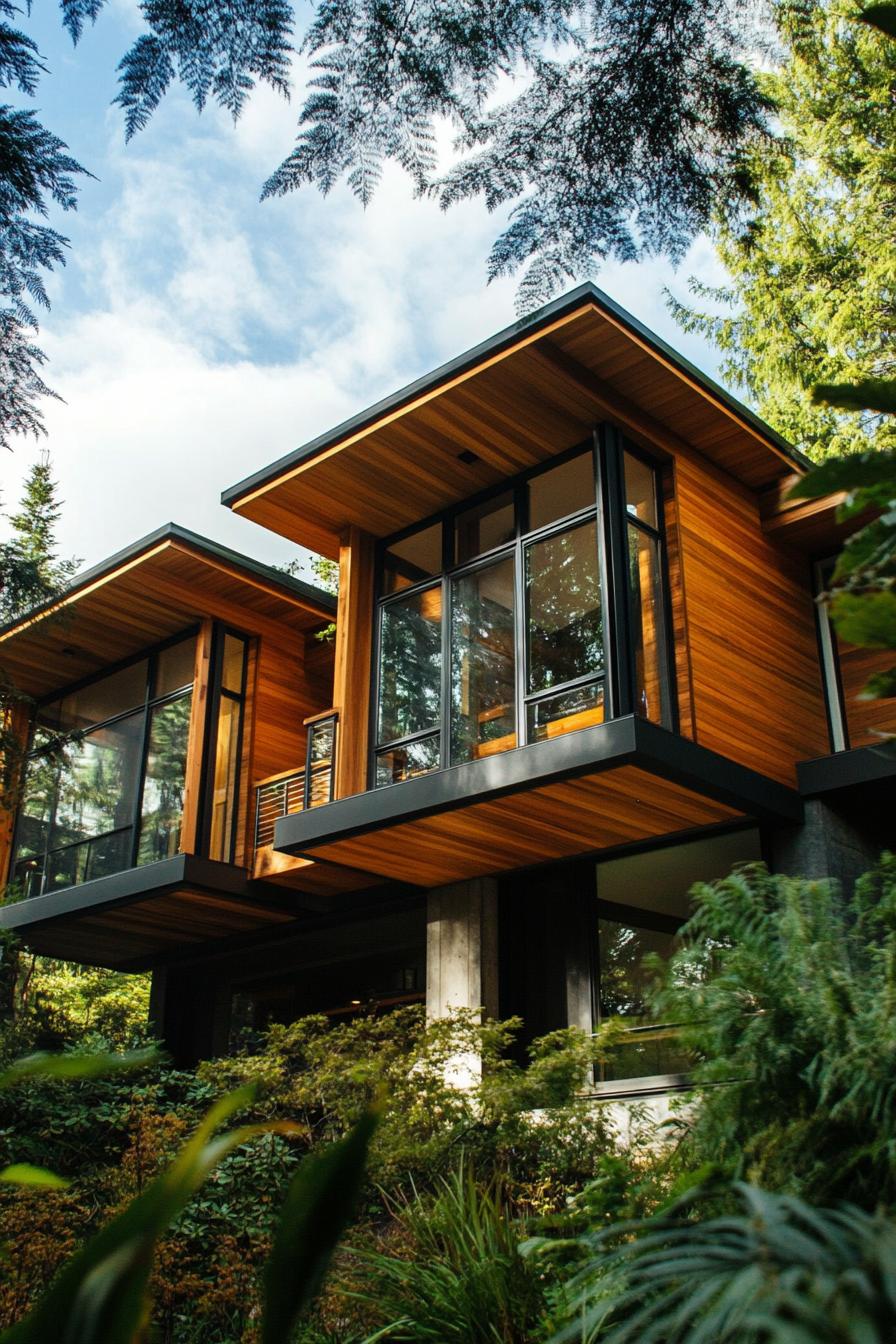 modern timber frame house facade with vertical and horizontal timber