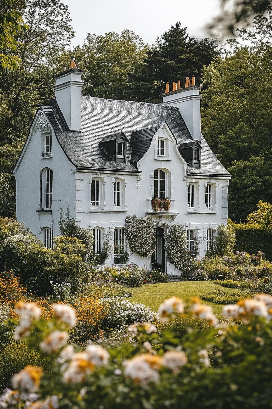 modern white french mansion with ornate windows black roof garden with trees and flowers Bretagne lanscape 1