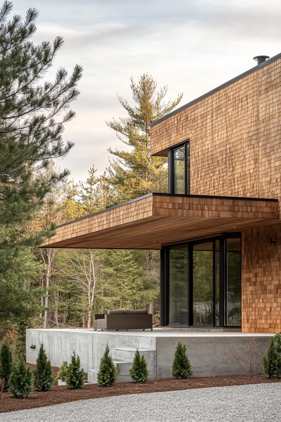 modern wood house facade with wood shinges and large concrete foundation pine trees in mulched front yard 1