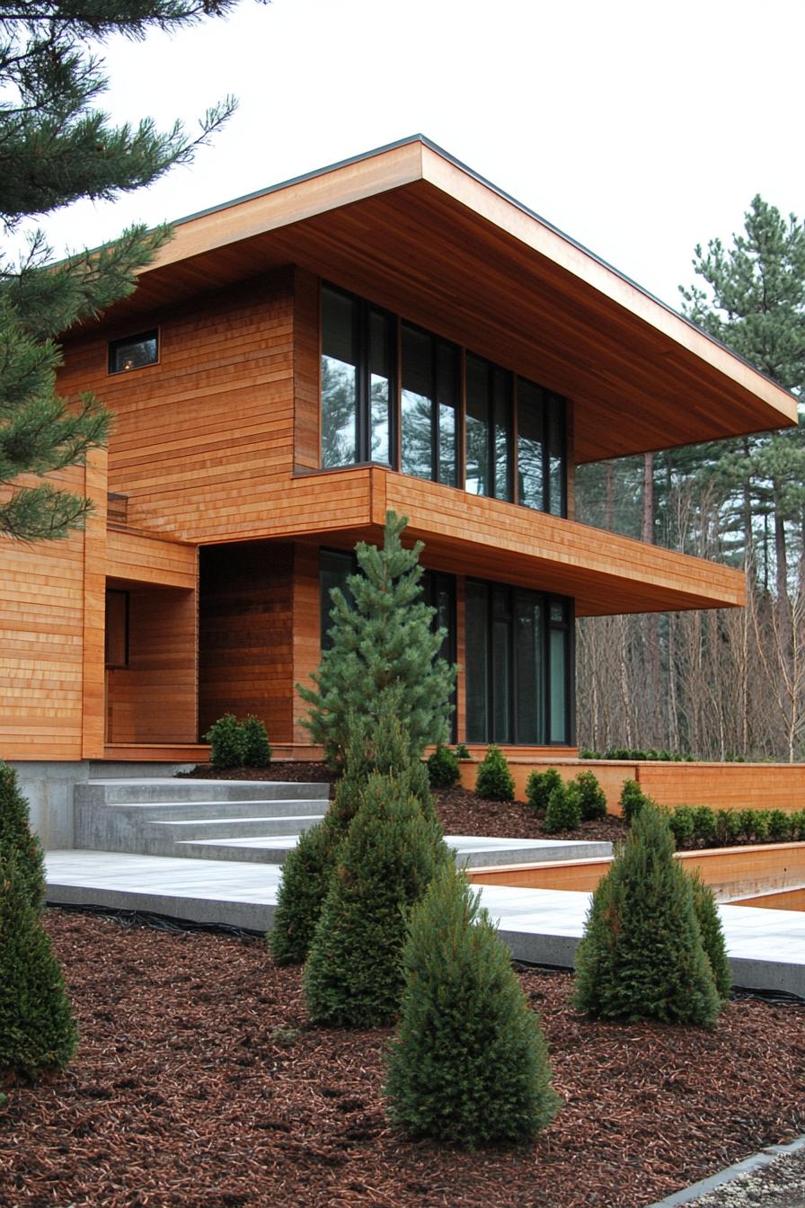 modern wood house facade with wood shinges and large concrete foundation pine trees in mulched front yard 2