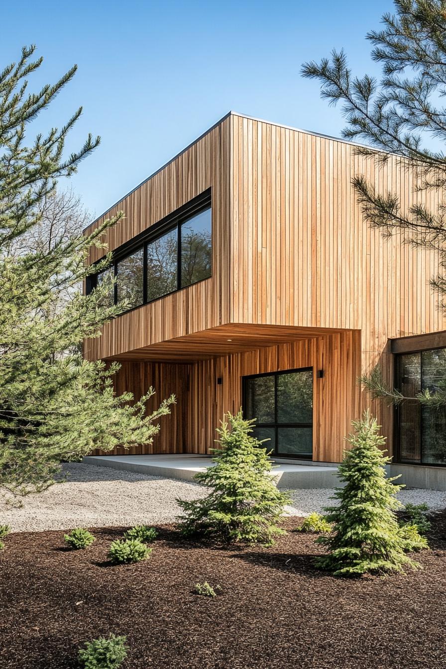 modern wood house facade with wood shinges and large concrete foundation pine trees in mulched front yard 3