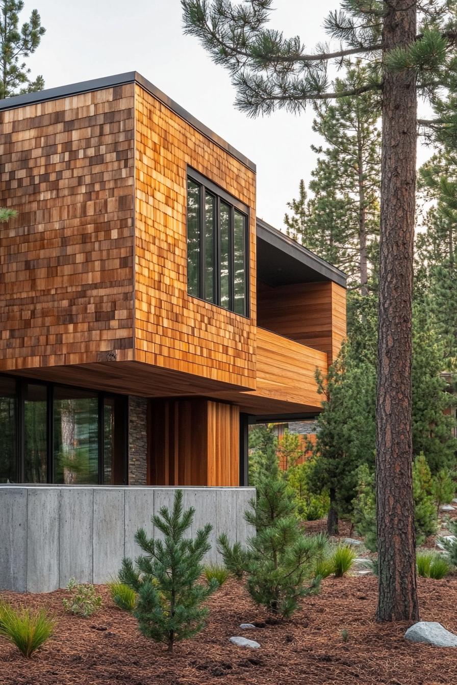 modern wood house facade with wood shinges and large concrete foundation pine trees in mulched front yard