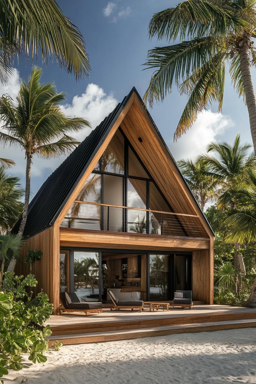 modern wooden beachfront cabin facade alluding to a sail shape with wooden deck black metal roof tall palms and sandy beach