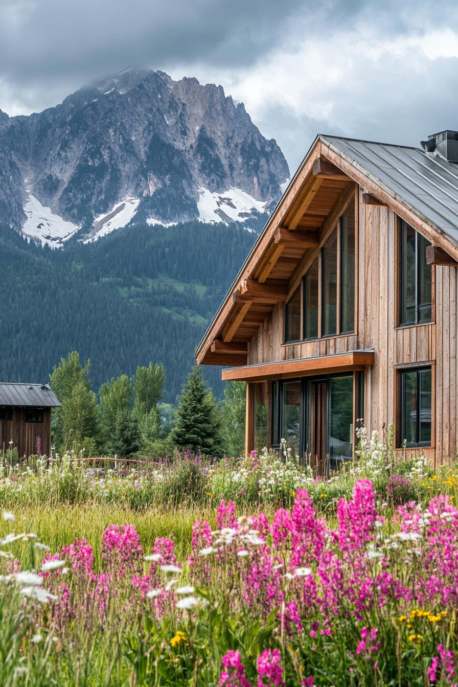 modern wooden mountain house facade features rustic weathered siding and large multipanel windows allowing ample natural light to permeate its 1