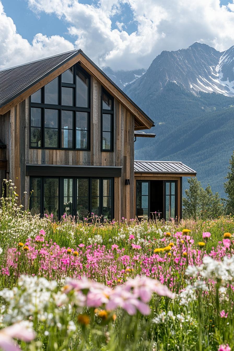 modern wooden mountain house facade features rustic weathered siding and large multipanel windows allowing ample natural light to permeate its