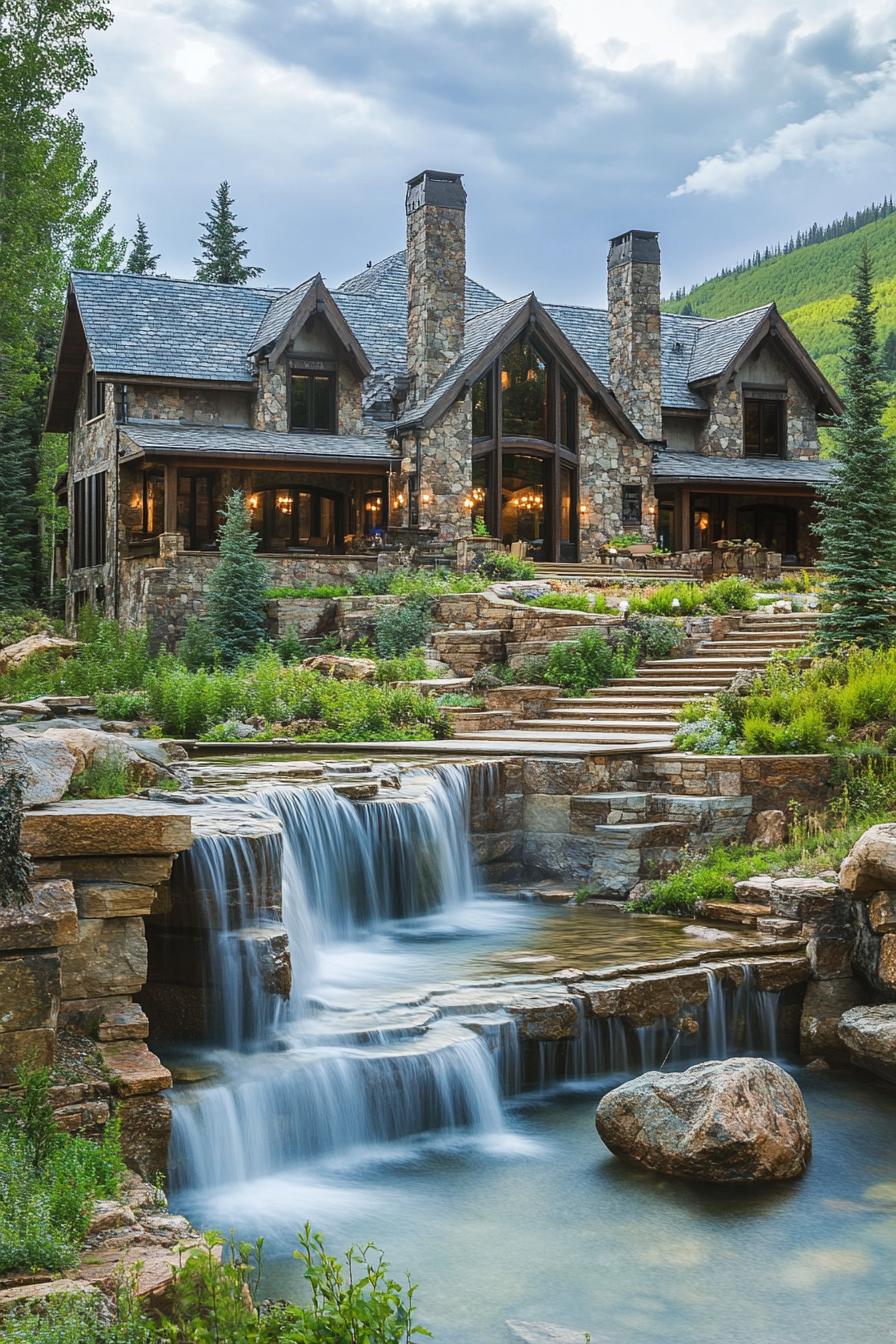 mountain forest mansion with stone facade multi pitched roof with chimneys river front yard bordering with a cascading waterfall large yard with 1