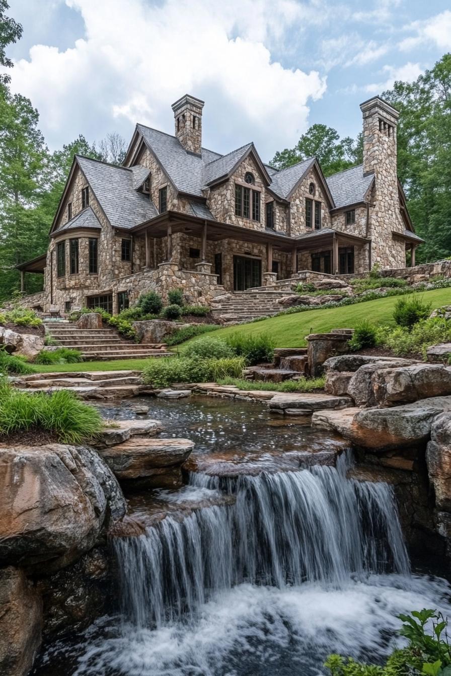 mountain forest mansion with stone facade multi pitched roof with chimneys river front yard bordering with a cascading waterfall large yard with