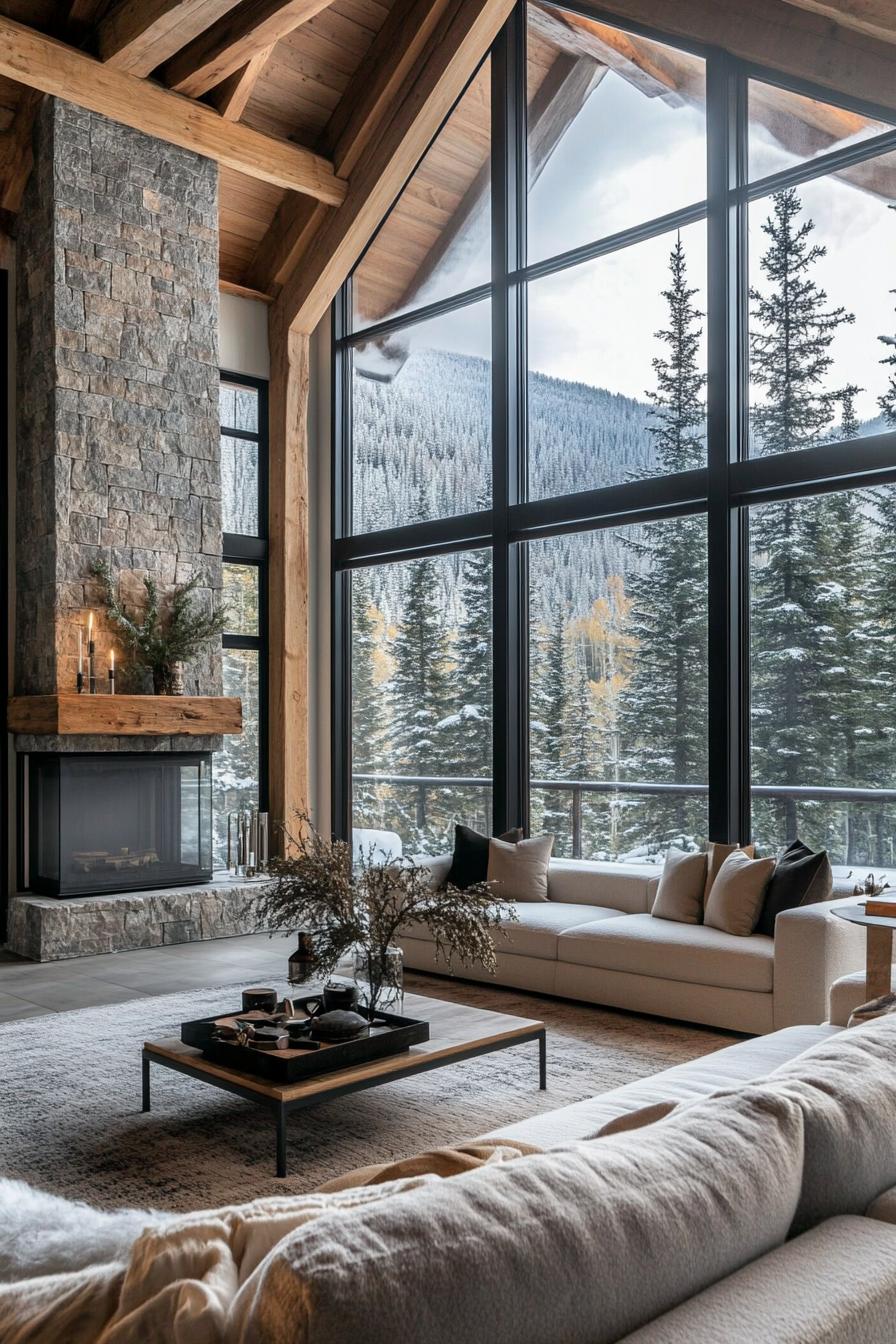 mountain home living room with exposed rustic beams full glass walls a stone chimney modern furniture winter pine forest and mountain view through the windows 1