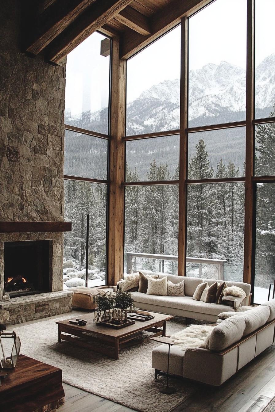 mountain home living room with exposed rustic beams full glass walls a stone chimney modern furniture winter pine forest and mountain view through the windows 2