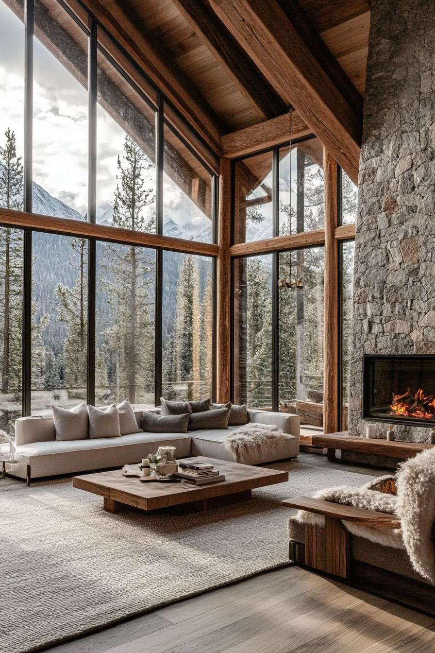 mountain home living room with exposed rustic beams full glass walls a stone chimney modern furniture winter pine forest and mountain view through the windows 3