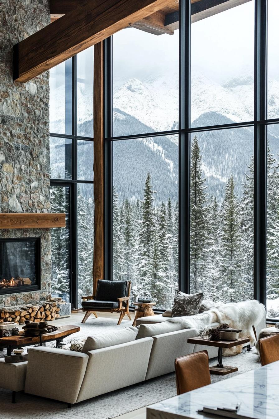 mountain home living room with exposed rustic beams full glass walls a stone chimney modern furniture winter pine forest and mountain view through the windows