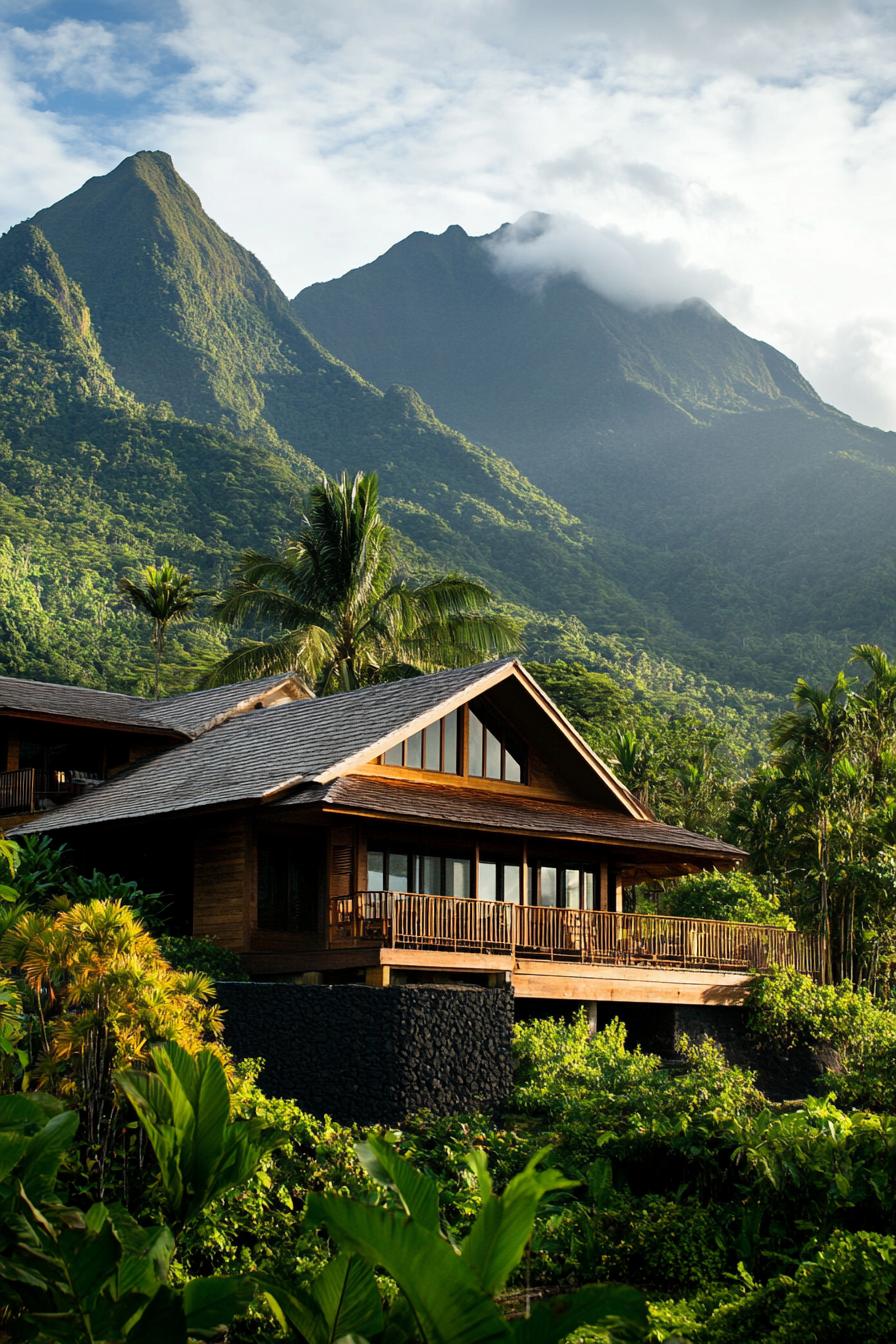 mountain house with imposing tropical mountains in the background