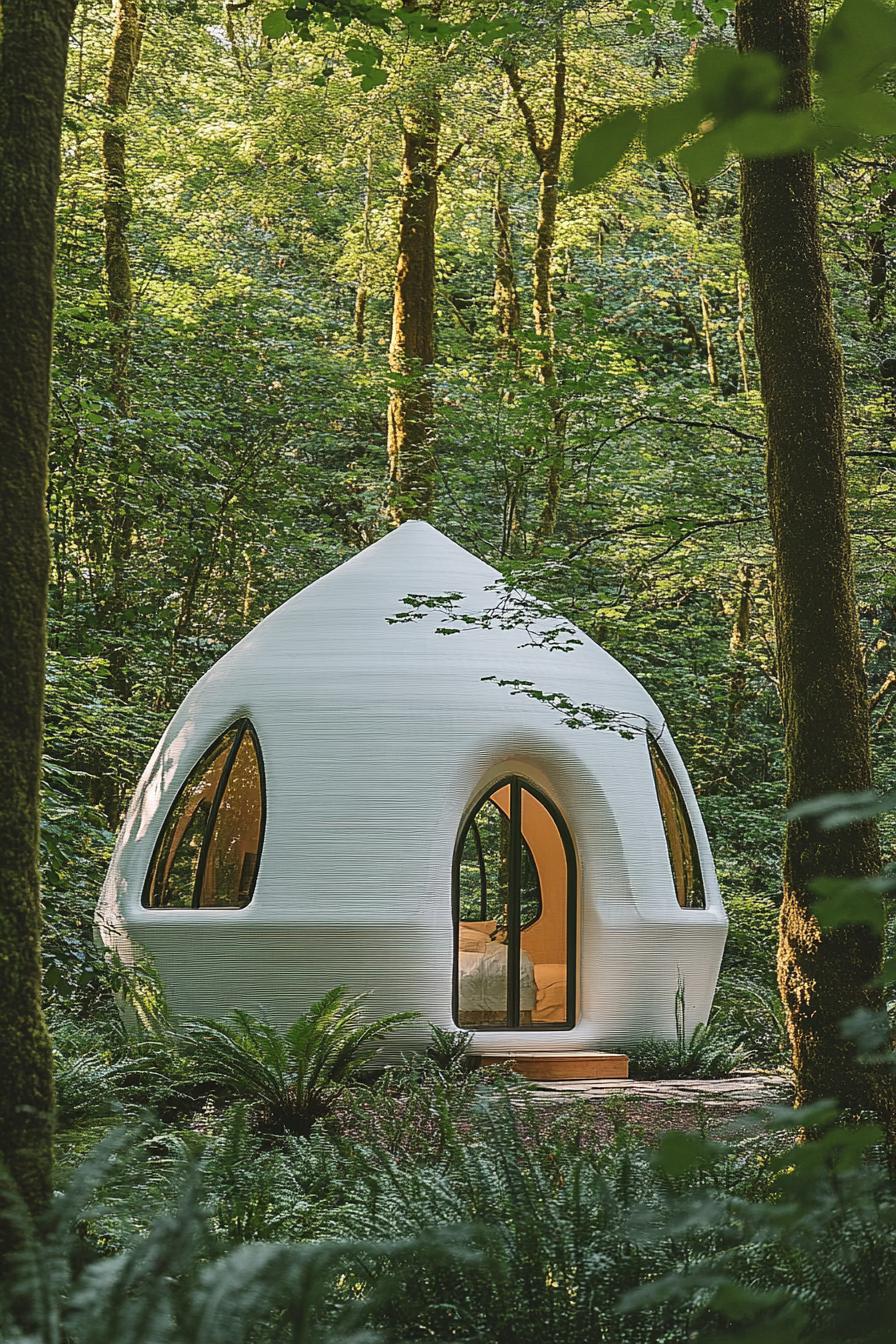 prefab 3d printed white dome cabin with arched gable windows in a lush forest