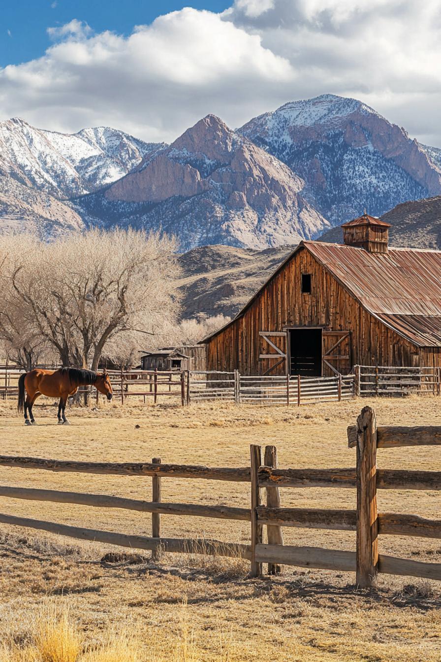 ranch barn building with rustic fences and horses arid mountains 1