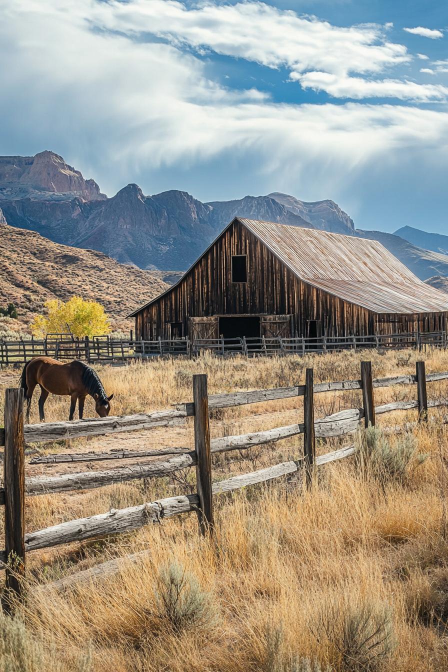 ranch barn building with rustic fences and horses arid mountains 2