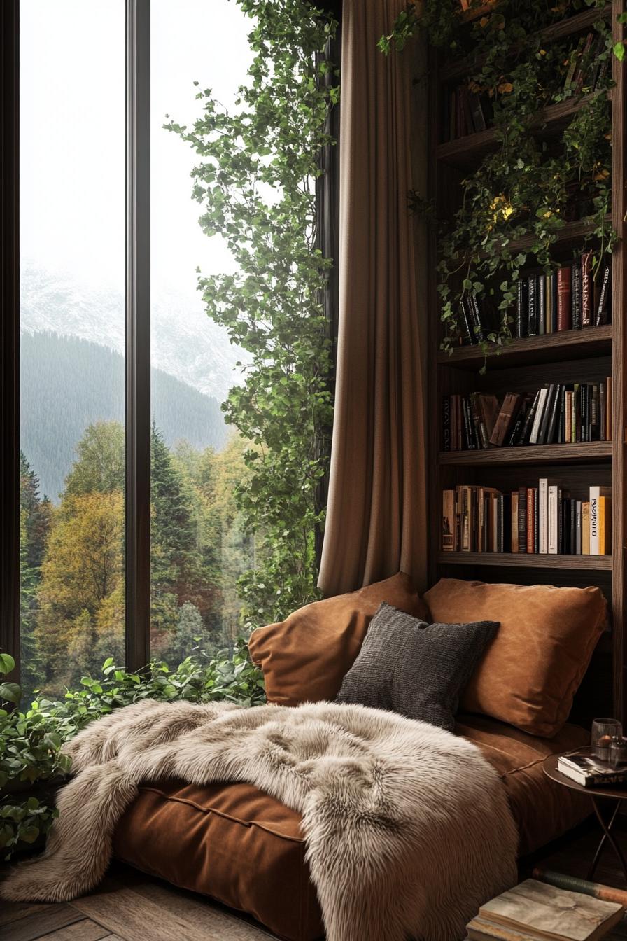 A cozy chair by a large window with a mountain view and bookshelves