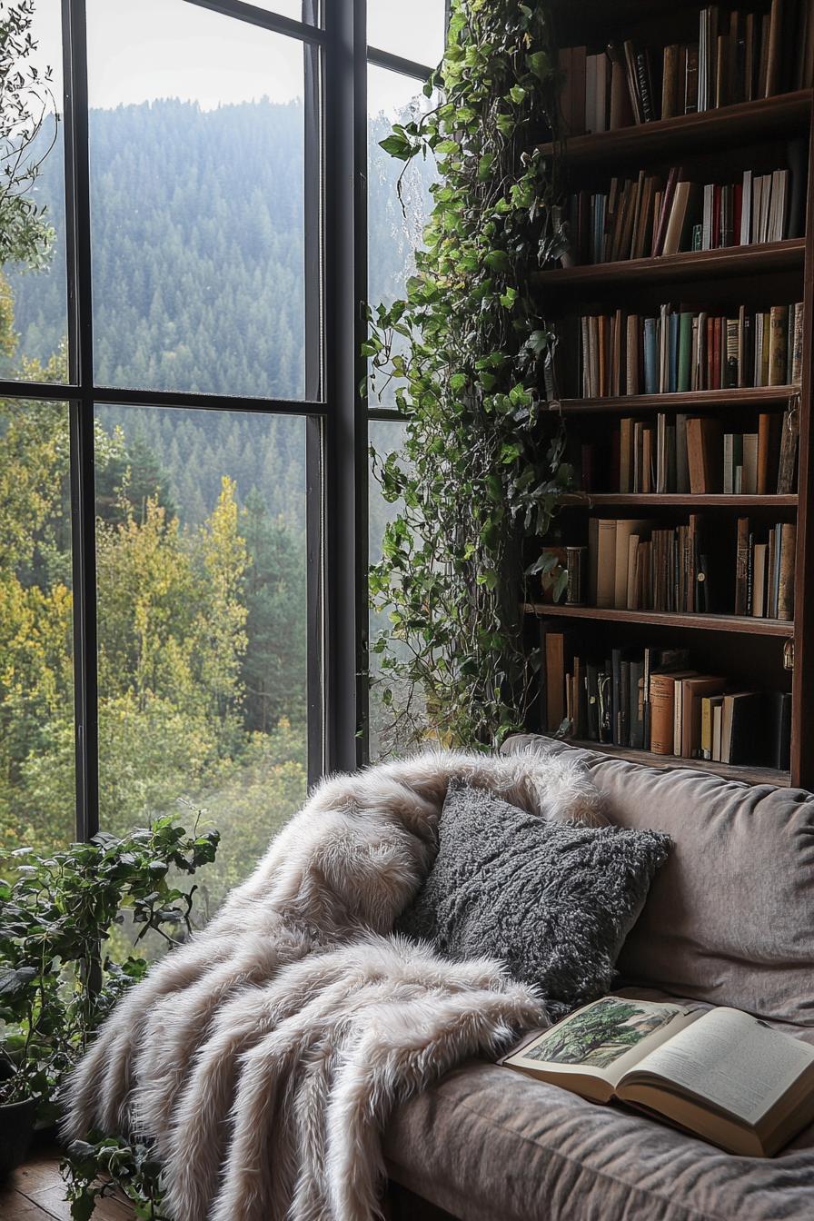 Cozy reading nook by a large window with a forest view