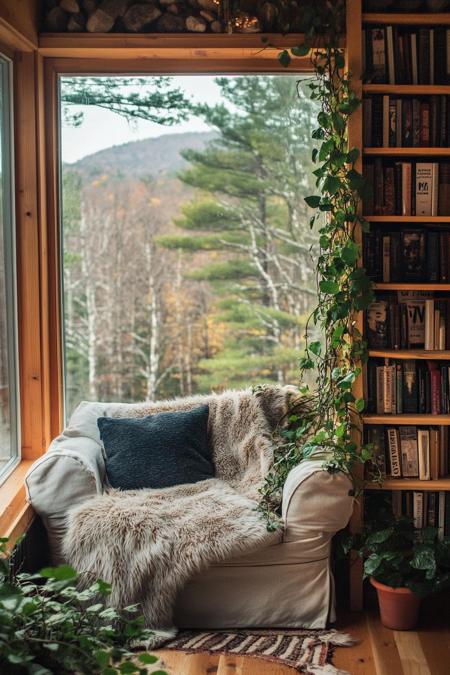 Cozy reading chair in a rustic mountain cabin with a view