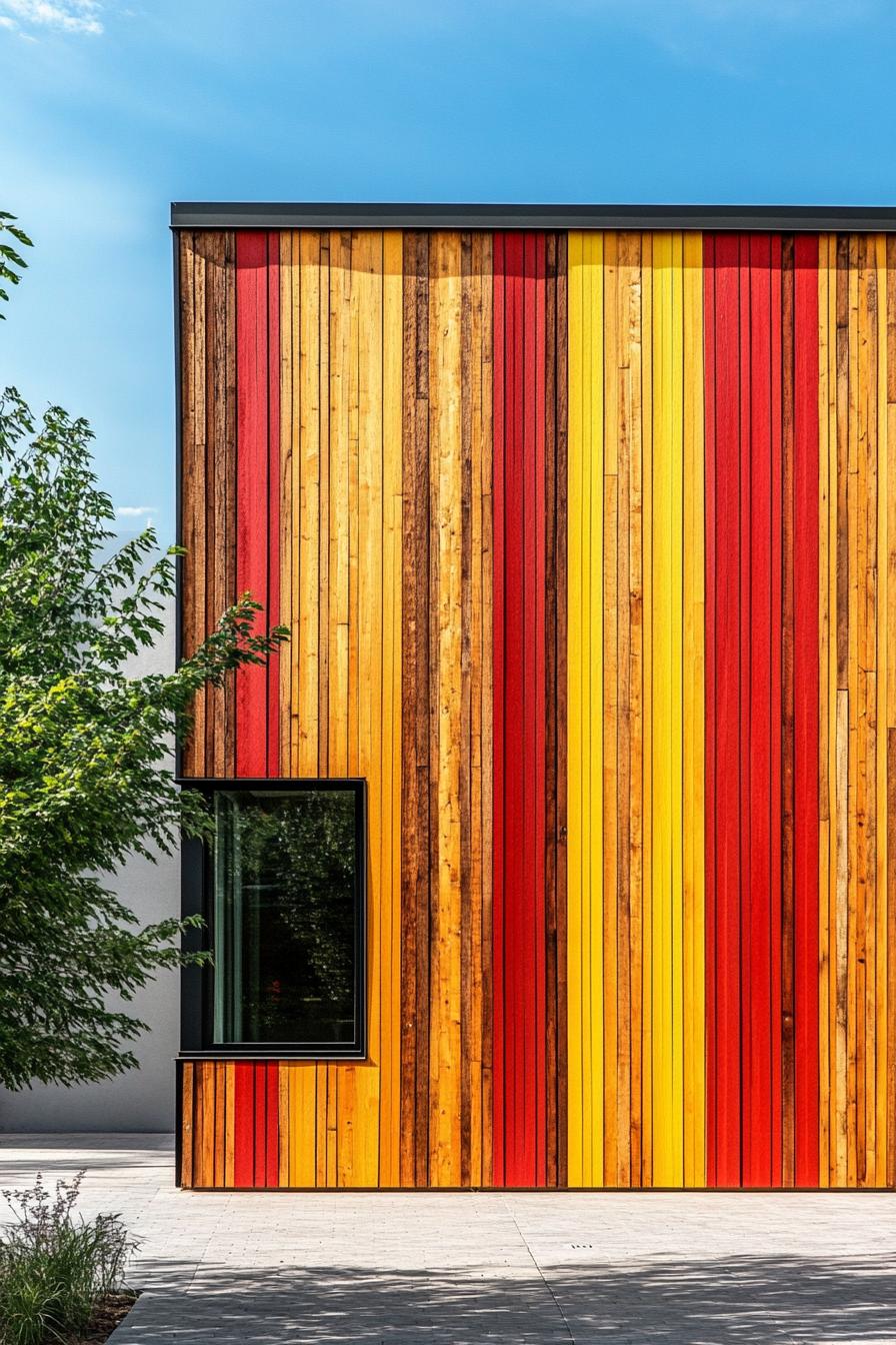 retro style modern house facade with colorful vertical wood slatting 1