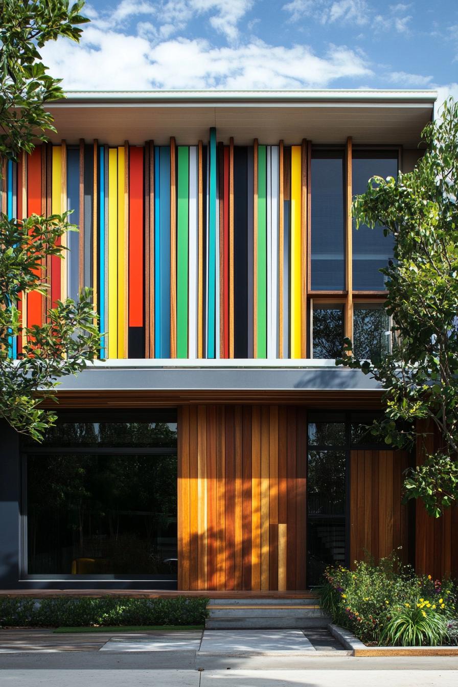 retro style modern house facade with colorful vertical wood slatting 2