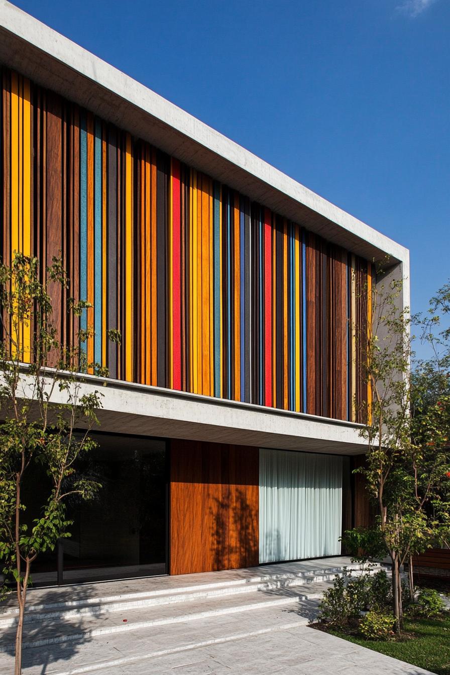 retro style modern house facade with colorful vertical wood slatting 3