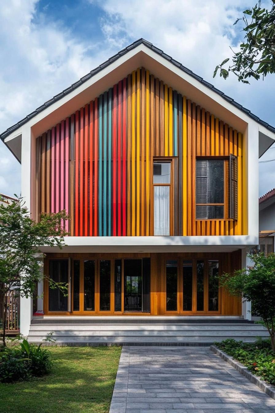 retro style modern house facade with colorful vertical wood slatting