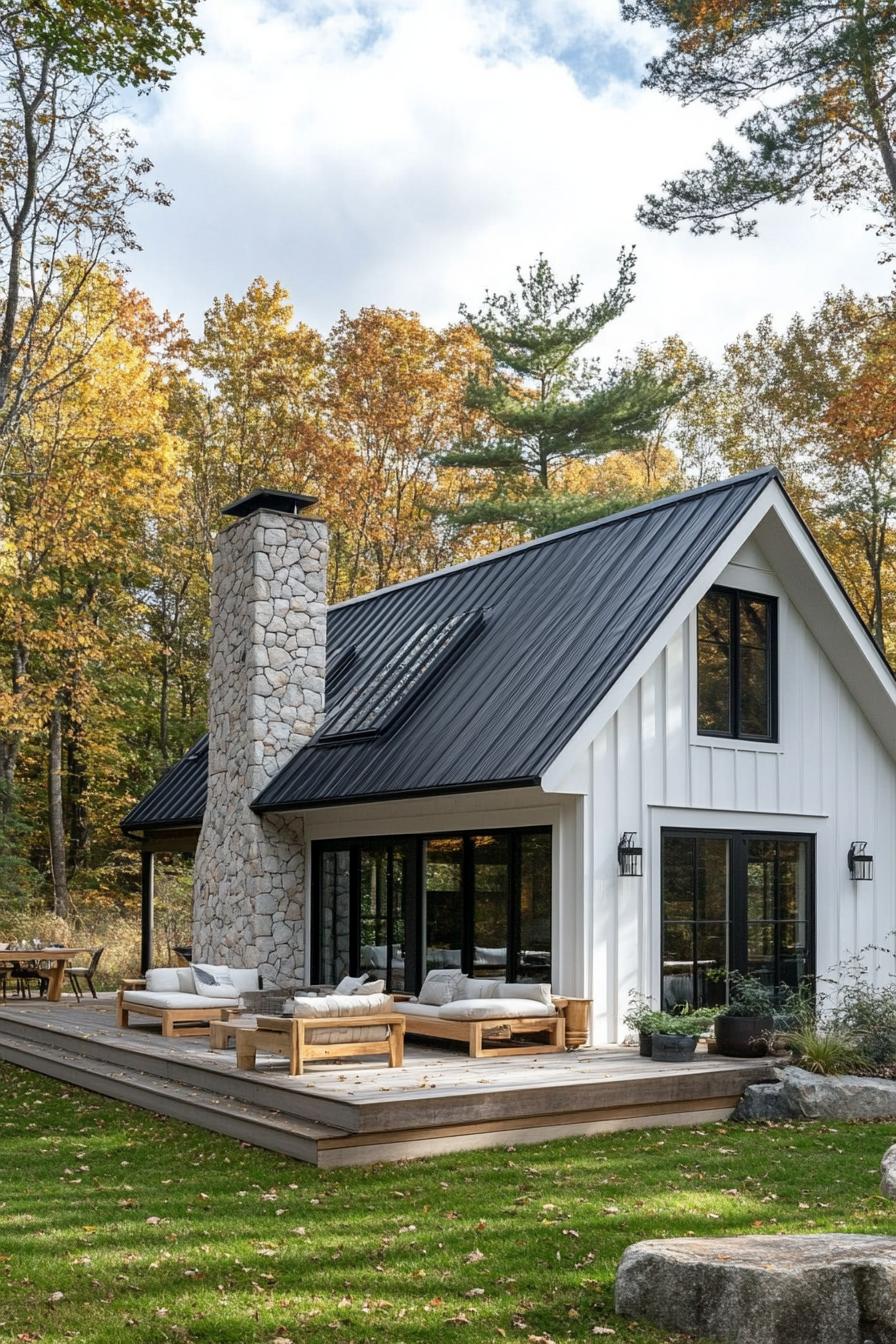 rustic modern cabin with white siding and black roof with stone chimney wooden deck with furniture grass lawn forest in the background 1