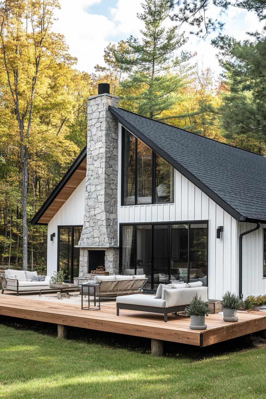 rustic modern cabin with white siding and black roof with stone chimney wooden deck with furniture grass lawn forest in the background 2